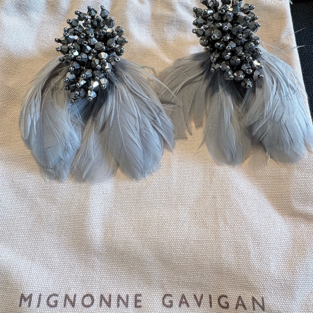 Mignonne Gavigan Silver Gray Feather Earrings with Crystals - like new!